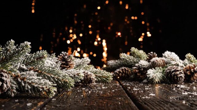 Fireworks exploding behind snowy fir branches on a wooden table
