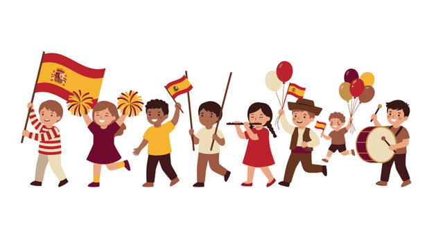 Happy diverse children celebrating Spain national day parade with Spanish flags balloons pompoms drum and flute