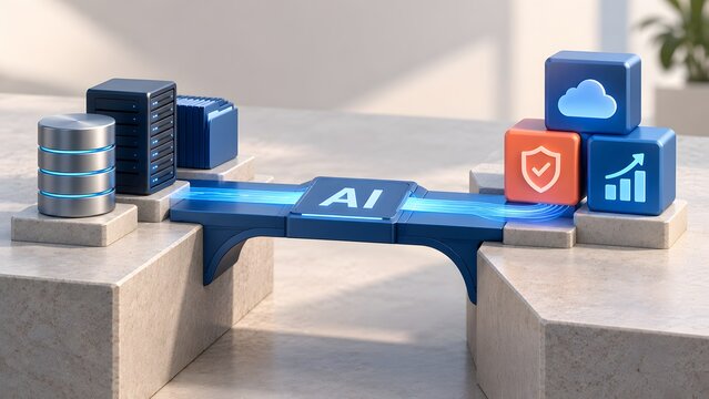 3d illustration of an artificial intelligence bridge connecting data storage servers to cloud security and business analytics solutions