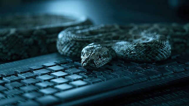 Large snake coiled on black computer keyboard in