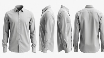 Obraz premium Light grey long sleeve button up shirt mockup shown from front side and back. Versatile apparel for business or casual wear. Clean background for easy graphic design integration and custom edits.