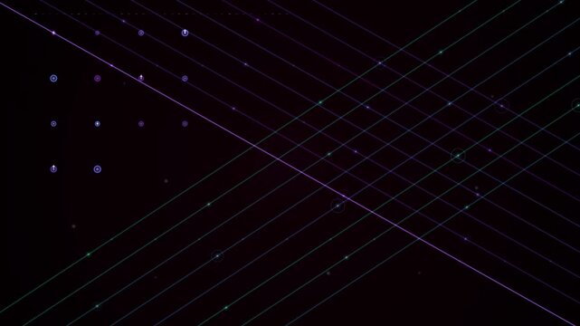 Abstract black background with glowing green diagonal lines and scattered purple dots creating a subtle looping overlay effect.