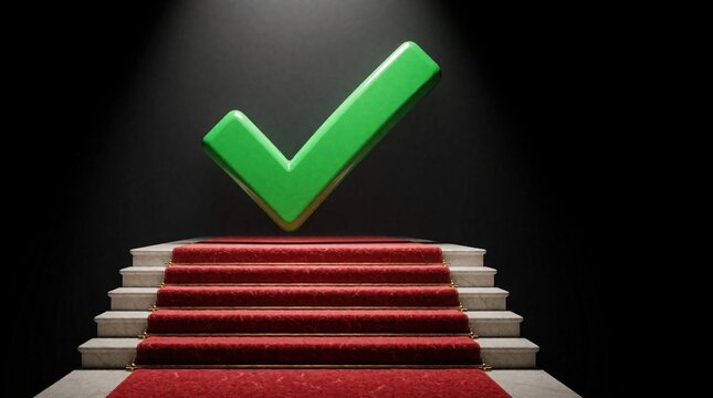 Green checkmark symbol hovers over red carpeted stpic against black backdrop. Represents business targets, milestones, approvals, and achievement.
