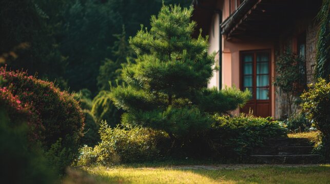 Lush garden landscape with pine tree and charming cottage exterior in summer