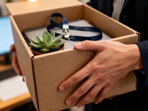 Fired Employee Carrying Cardboard Box with Personal Belongings After Job Loss