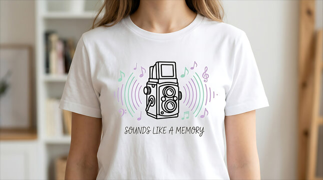 Clean black line art illustration of a vintage twin-lens reflex camera with sound waves and musical notes, featuring the text "Sounds Like A Memory" printed on a white mockup t-shirt.