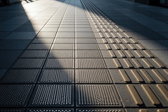 Tactile paving tiles on city sidewalk help blind people navigate urban paths. Yellow braille blocks, textured floor patterns provide guidance for visually impaired pedestrians. Close up view of