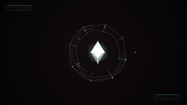 A glowing geometric crystal surrounded by wireframe networks in a dark looping background
