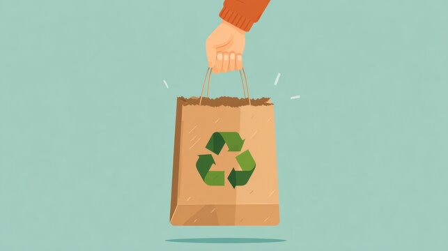 Hand holding recycled paper shopping bag with recycle symbol, flat illustration