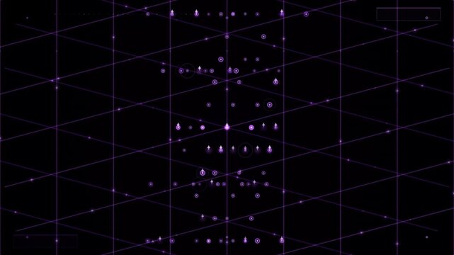A looping digital overlay displays purple geometric lines and symbols arranged in a symmetrical pattern on a black background.