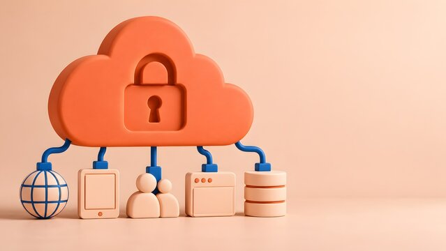 3D illustration of secure cloud computing with a padlock on an orange cloud connecting to global data storage, web, and mobile user icons.