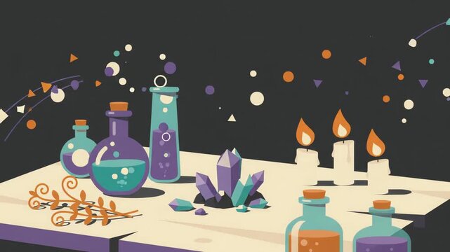 Magic potion bottles and glowing crystals on a wizard table animation