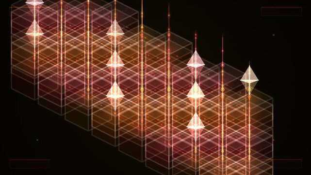 Glowing geometric towers float against a dark backdrop with wireframe layers forming an abstract looping background.