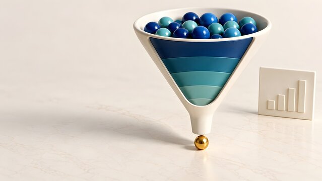 3D sales funnel concept with blue spheres converting into a single golden ball, representing business strategy, lead generation, and successful marketing conversion.
