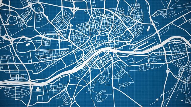Ink reveal animation of Frankfurt am Main (Frangford am Maa) city, state of Hesse, Germany, grid map. Aerial top view. Blueprint style. White lines with blue background. 4K Seamless loop.