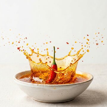 High speed studio photography of red chili pepper falling into ceramic bowl creating crown splash of hot spicy oil with flying pepper flakes on white background for gourmet culinary advertising ads