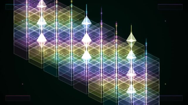 The frame shows a glowing grid of vertical bars and conical shapes against a black background, functioning as a digital looping overlay.