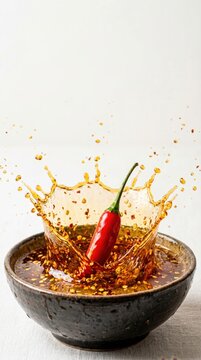 Professional high speed photography of red hot chili pepper splashing into ceramic bowl filled with authentic spicy chili oil and flakes creating dynamic liquid crown on a white background.