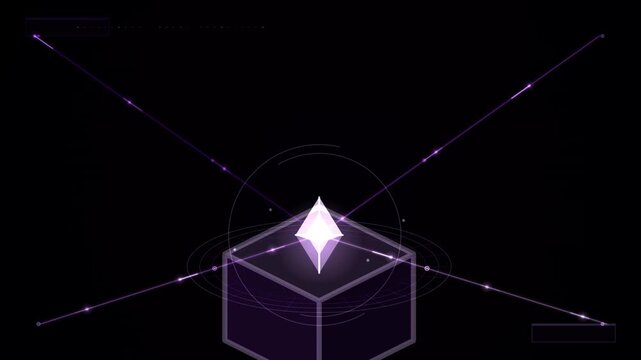 A glowing purple diamond sits atop a translucent cube surrounded by orbiting rings and diagonal light rays against a dark looping background overlay.