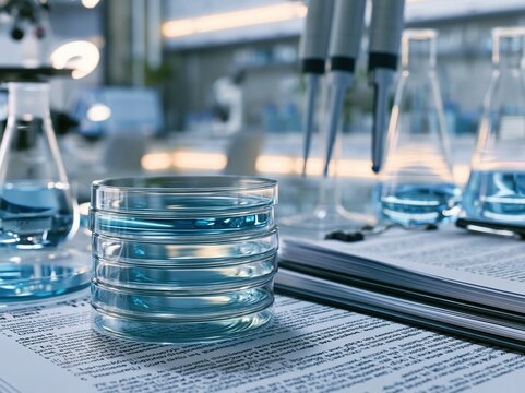 Stacked petri dishes with blue liquid in laboratory