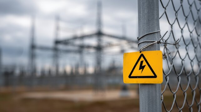 Yellow high voltage warning sign on chain link fence with electric substation background