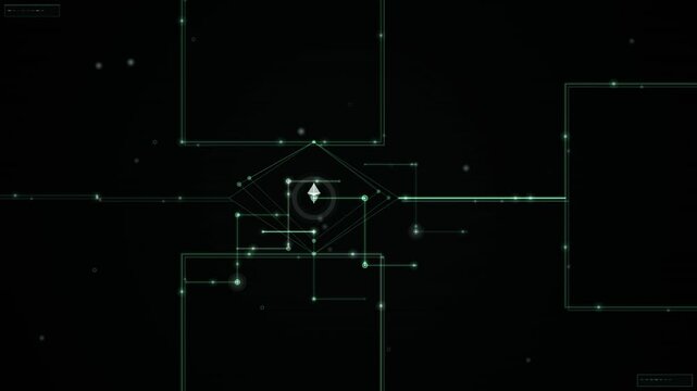 Glowing green digital network lines form a looping abstract geometric background with circuitlike connections