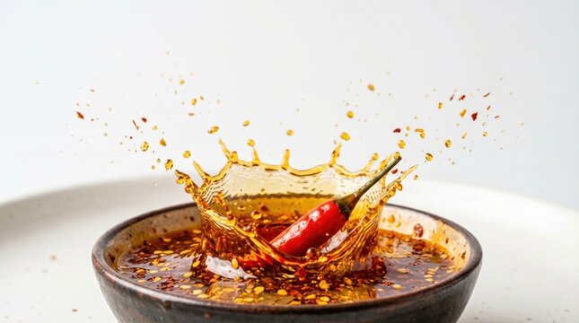 Fresh organic red hot chili pepper falling into bowl of spicy chili oil creating dramatic crown splash with flying droplets against white background high speed macro food photography for cooking