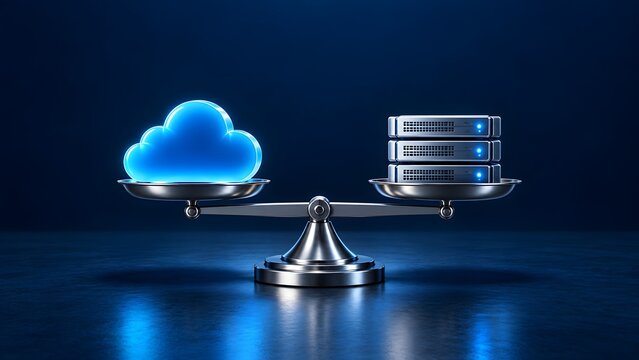 3D conceptual render of a metal weighing scale balancing a glowing blue cloud icon and a stack of servers, symbolizing hybrid cloud computing and data load balancing.