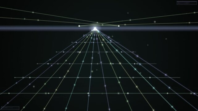 A glowing lattice of intersecting lines forms a rhythmic grid on the dark digital horizon that pulses as a looping background overlay.