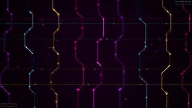 Neon circuit board lines forming a seamless looping technology background.