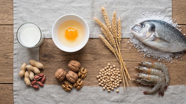 Common food allergens including milk egg peanuts walnuts soy wheat fish and shrimp presented as a flat lay for allergy awareness and dietary information