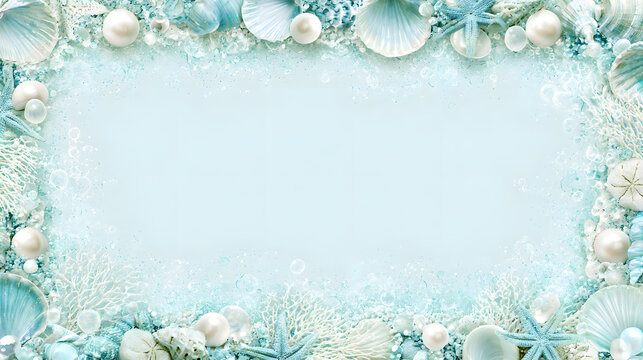 Aqua mermaid border frame, elegant seashells, pearls, starfish, delicate coral and sparkling bubbles around the edges, pastel aqua, turquoise and white palette.