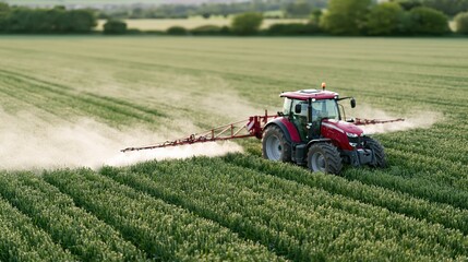 Obraz premium Red tractor spraying crops in green field