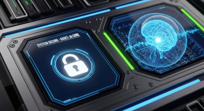 Digital padlock and brain scan symbolizing data security, artificial intelligence, and cybersecurity