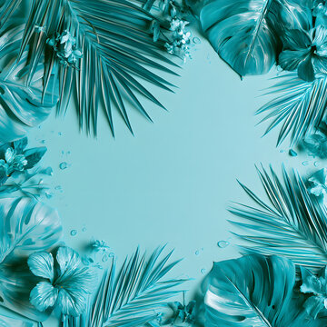 Aqua tropical border frame, minimalist palm leaves, monstera leaves, small tropical flowers and subtle water droplets around the edges, vibrant aqua.