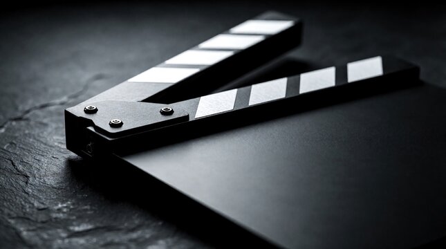 Film clapperboard on dark textured backdrop. Classic cinema production tool ready for action. Movie making accessory signals start and cut for scenes.