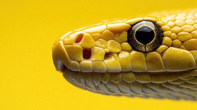 Macro photo of bright yellow snake head on plain yellow background. Reptile eye is dark, scales are detailed. Alert serpent waits patiently in studio.