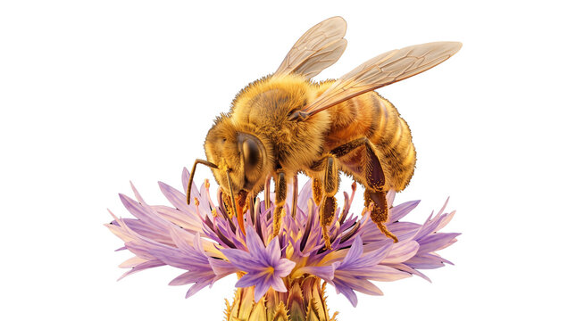 Honey bee collecting nectar on purple wildflower, macro photography of honeybee on blossom, fuzzy insect pollinating flower on white background