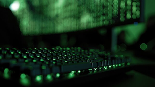 Close up of backlit keyboard and monitor screen