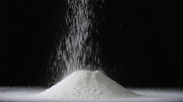 White Flour Sifting Against Black Background, Fine Powder Falling in Slow Motion Cascade for Baking and Pastry Preparation 4K Footage
