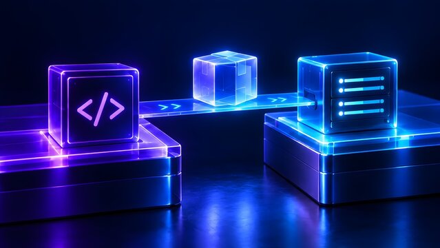 Automated software deployment pipeline concept, 3D render of code migrating to server storage via digital conveyor belt with neon illumination