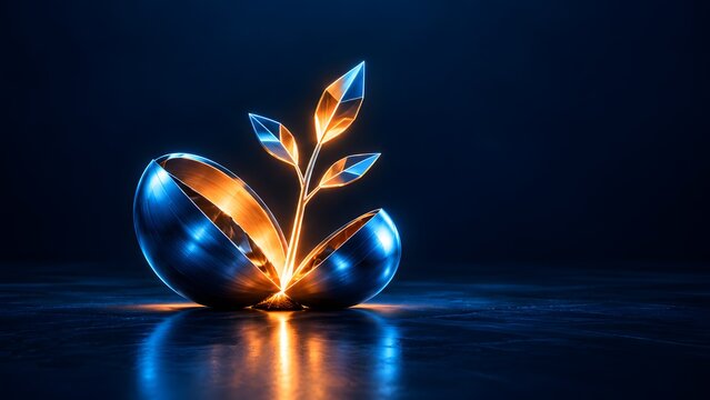 Futuristic concept of green technology and innovation, glowing metallic sprout emerging from an open sphere on a dark reflective background