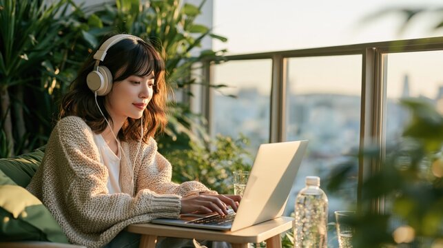 Young Asian Woman Working on Balcony with Laptop and City View