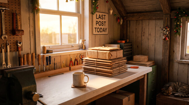 Stack of craft paper parcels tied with twine on workbench in cozy rustic workshop with tools, mug and cat. Last post today sign and Christmas garland decorations.