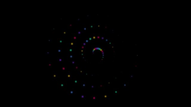 Colorful particle swirl forming an abstract spiral on a black background.
