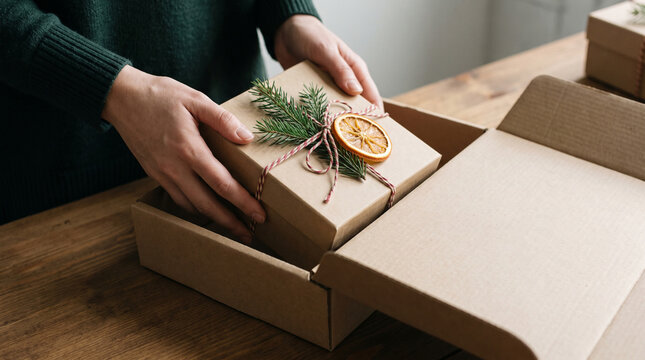 Woman hands packing eco gift box wrapped in craft paper with fir branch and dried orange slice into cardboard box. Sustainable zero waste Christmas present wrapping.