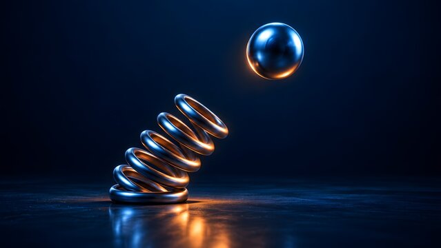 3D rendering of a metallic spring launching a glowing sphere upwards, representing kinetic energy, business momentum, and potential growth in a dark modern setting