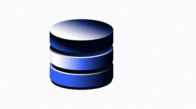 Three stacked blue and white cylinders form a simple database icon. This graphic symbol represents digital storage and data management concepts on a clean background.