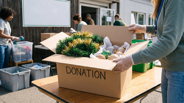 Woman volunteer in gloves holding donation box with Christmas decorations at outdoor charity collection point. People sorting gifts and clothes in background.
