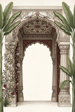 Intricate Moroccan-inspired archway with ornate carvings and lush green foliage framing a serene entranceway